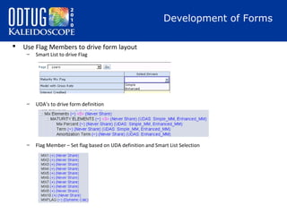 Development of Forms


Use Flag Members to drive form layout
–

Smart List to drive Flag

–

UDA’s to drive form definition

–

Flag Member – Set flag based on UDA definition and Smart List Selection

 