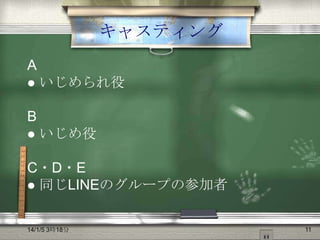 キャスティング
A


いじめられ役

B


いじめ役

C・D・E
 同じLINEのグループの参加者
14/1/5 3時18分

11

 