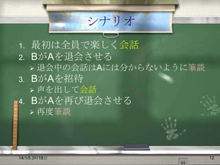 シナリオ
1.
2.

最初は全員で楽しく会話
BがAを退会させる


3.

BがAを招待


4.

退会中の会話はAには分からないように筆談
声を出して会話

BがAを再び退会させる


再度筆談

14/1/5 3時18分

12

 