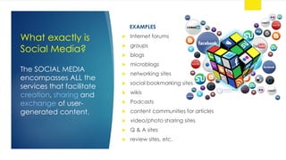 What exactly is
Social Media?
EXAMPLES
 Internet forums
 groups
 blogs
 microblogs
 networking sites
 social bookmarking sites
 wikis
 Podcasts
 content communities for articles
 video/photo sharing sites
 Q & A sites
 review sites, etc.
The SOCIAL MEDIA
encompasses ALL the
services that facilitate
creation, sharing and
exchange of user-
generated content.
 