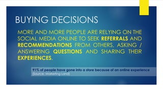 BUYING DECISIONS
MORE AND MORE PEOPLE ARE RELYING ON THE
SOCIAL MEDIA ONLINE TO SEEK REFERRALS AND
RECOMMENDATIONS FROM OTHERS, ASKING /
ANSWERING QUESTIONS AND SHARING THEIR
EXPERIENCES.
91% of people have gone into a store because of an online experience
(Source: Marketing Land)
 