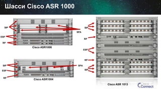 Шасси Cisco ASR 1000
SPA
SIP
ESP
RP
Cisco ASR1006
SPASIP
ESP
RP
0/0
0/2 0/3
0/1
Cisco ASR1004
Cisco ASR 1013
RP
ESP
SIP
SIP
RP
 