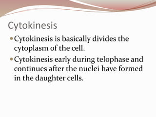 Cytokinesis
Cytokinesis is basically divides the
cytoplasm of the cell.
Cytokinesis early during telophase and
continues after the nuclei have formed
in the daughter cells.
 