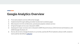 Google Analytics Overview
● Free web analytics service offered by Google
● Implemented through adding provided JavaScript to website pages
● Was based on Urchin on Demand, a previously popular analysis service
● Original Google service was released in 2005
● Subsequent major versions were released in 2009 (Asynchronous), 2012 (Universal Analytics), and
2020 (Google Analytics 4)
● Across all versions, Google Analytics is currently used by 85.9% of websites whose trafﬁc analytics
tool could be identiﬁed ( w3techs)
8
 