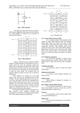 Sivasankari. S. A et al Int. Journal of Engineering Research and Application
ISSN : 2248-9622, Vol. 3, Issue 6, Nov-Dec 2013, pp.490-495

www.ijera.com

Fig: 1. MIX Function
The function in three fish which is actually a
MIX function. Fig: 1[1]. Each function which consists
of a single addition, a rotation by one constant, an
Exclusive OR function.

Fig: 3.Threefish-256
2.2.2. Unique Block Iteration (UBI)
It is a chaining mode which produces fixed
output by using input chaining value and arbitrary
length input string. The tweak is the heart of UBI
.Every block is processed with unique variant of the
compression function. UBI chaining mode which
ensures the above work. UBI which follows MatyasMeyer-Oseas [2] hash mode. This hash mode which
follows the message input to hash function should
have to be same as the plain text input to the block
cipher.

Fig: 2 .Three fish-512.
Figure.2 which shows the operation of MUX
function to build threefish-512.Each skien-512 has 72
rounds which has four mix functions which gets
followed by a permutation of eight 64 bit words. Each
function made on 64 bit words. At every four rounds
one sub key will be generated. The word permutation
is same for every round. The rotations here are
constant which are chosen in such a way to maximize
diffusion [1].
These rotations are constant for every eight
rounds. The sub keys are generated from the key
schedule. The key schedule generates the sub keys by
use of key and tweak. Each sub key contributes key
words, tweak words and counter value. To create a key
schedule, key and tweak words which are extended
with one parity word extra which is XOR of all the
words .For threefish-256 there are 72 rounds and 2
MIX functions followed by permutation.
For threefish-1024 the rounds are 80 and have 8
MIX functions. The rotation constants and
permutations are different for different internal Block
sizes. But it should maximize the diffusion.

2.2.3. Optional Arguments
To increase the flexibility of Skein, Some
Optional Inputs can be enabled. The key which should
process first to achieve the security. But is optional.
KEY:
CONFIGURATION:
It is required in order to encode the desired
output length.
PERSONALIZATION:
It is used to create different functions for
different users.
PUBLIC KEY:
When hashing a message for signing it is
must to public key.
KEY DERIVATION IDENTIFIER:
It is used for key derivation. To derive a key,
master key should be given as input key and the
requested identifier will get the key.
NONCE:
It is particularly used in Stream cipher mode
and randomized hashing [1].
MESSAGE:
It is the normal message given as the Input to
the hash function.

www.ijera.com

491 | P a g e

 