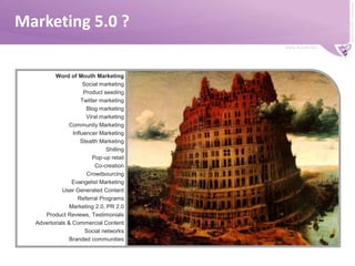 Word of Mouth MarketingSocial marketingProduct seedingTwitter marketingBlog marketingViral marketingCommunity MarketingInfluencer MarketingStealth MarketingShillingPop-up retailCo-creationCrowdsourcingEvangelist MarketingUser Generated ContentReferral ProgramsMarketing 2.0, PR 2.0Product Reviews, TestimonialsAdvertorials & Commercial ContentSocial networksBranded communitiesMarketing 5.0 ?