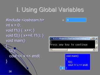 36
4
5
I. Using Global Variables
#include <iostream.h>
int x = 0;
void f1() { x++; }
void f2() { x+=4; f1(); }
void main()
{
f2();
cout << x << endl;
}
x
void main()
{
f2();
cout << x << endl;
}
8
 