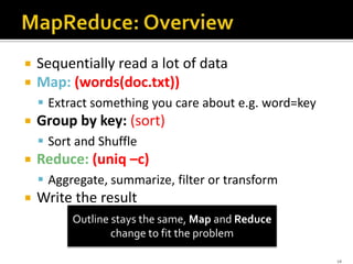  Sequentially read a lot of data
 Map: (words(doc.txt))
 Extract something you care about e.g. word=key
 Group by key: (sort)
 Sort and Shuffle
 Reduce: (uniq –c)
 Aggregate, summarize, filter or transform
 Write the result
Outline stays the same, Map and Reduce
change to fit the problem
14
 