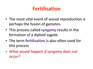 Fertilisation
• The most vital event of sexual reproduction is
perhaps the fusion of gametes.
• This process called syngamy results in the
formation of a diploid zygote.
• The term fertilisation is also often used for
this process
• What would happen if syngamy does not
occur?
 