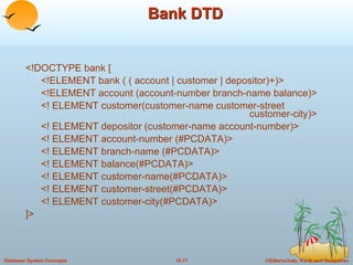 Bank DTD <!DOCTYPE bank [ <!ELEMENT bank ( ( account | customer | depositor)+)> <!ELEMENT account (account-number branch-name balance)> <! ELEMENT customer(customer-name customer-street    customer-city)> <! ELEMENT depositor (customer-name account-number)> <! ELEMENT account-number (#PCDATA)> <! ELEMENT branch-name (#PCDATA)> <! ELEMENT balance(#PCDATA)> <! ELEMENT customer-name(#PCDATA)> <! ELEMENT customer-street(#PCDATA)> <! ELEMENT customer-city(#PCDATA)> ]> 