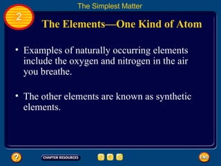 The Elements—One Kind of Atom Examples of naturally occurring elements include the oxygen and nitrogen in the air you breathe. The other elements are known as synthetic elements.  The Simplest Matter 2 