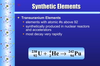 Synthetic Elements Transuranium Elements elements with atomic #s above 92 synthetically produced in nuclear reactors and accelerators most decay very rapidly  