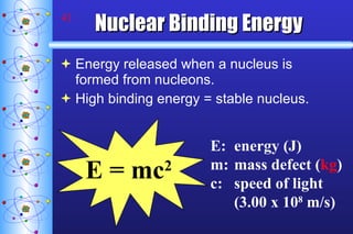 Nuclear Binding Energy Energy released when a nucleus is formed from nucleons. High binding energy = stable nucleus. E = mc 2 E: energy (J) m: mass defect ( kg ) c: speed of light (3.00 x 10 8  m/s) 