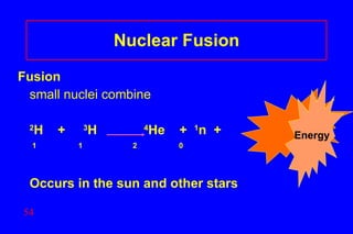 Nuclear Fusion Fusion  small nuclei combine 2 H  +  3 H  4 He  +  1 n  + 1  1  2  0 Occurs in the sun and other stars Energy 