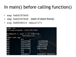 In main() before calling function()
• esp 0xbffff460
• ebp 0xbffff468 (start of stack frame)
• eip 0x8048414 <main+17>
 