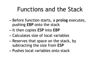 Functions and the Stack
– Before function starts, a prolog executes,
pushing EBP onto the stack
– It then copies ESP into EBP
– Calculates size of local variables
– Reserves that space on the stack, by
subtracting the size from ESP
– Pushes local variables onto stack
 