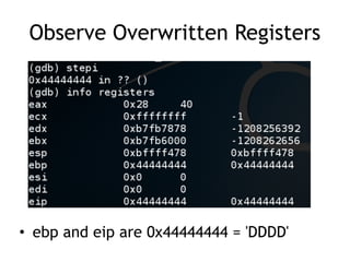 Observe Overwritten Registers
• ebp and eip are 0x44444444 = 'DDDD'
 