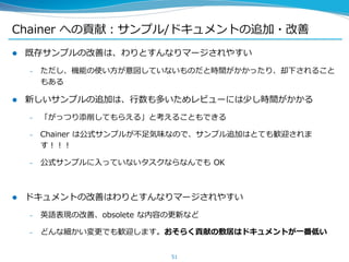 Chainer への貢献：サンプル/ドキュメントの追加・改善
 既存サンプルの改善は、わりとすんなりマージされやすい
– ただし、機能の使い方が意図していないものだと時間がかかったり、却下されること
もある
 新しいサンプルの追加は、行数も多いためレビューには少し時間がかかる
– 「がっつり添削してもらえる」と考えることもできる
– Chainer は公式サンプルが不足気味なので、サンプル追加はとても歓迎されま
す！！！
– 公式サンプルに入っていないタスクならなんでも OK
 ドキュメントの改善はわりとすんなりマージされやすい
– 英語表現の改善、obsolete な内容の更新など
– どんな細かい変更でも歓迎します。おそらく貢献の敷居はドキュメントが一番低い
51
 