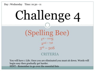 Day : Wednesday Time: 10.30 - 11




         Challenge 4
                  (Spelling Bee)
                                 1st – 100S
                                 2nd – 75S
                                3rd – 50S
                                 CRITERIA
    You will have 1 Life. Once you are eliminated you must sit down. Words will
    begin easy then gradually get harder.
    HINT - Remember to go over the essential lists
 