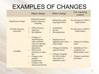 EXAMPLES OF CHANGES
Major change Minor change
Not requiring
control
Significance change
Influences product
quality of process
reliability
Influencing a unit
requiring control
No relevance to GMP or
authorization
Possible measures
(selection)
• Official licence
• Approval
• Revalidation
• Amendment
• Review
• Documentation
No relevance to GMP or
authorization
Examples
• Changes of
manufacturers:
other synthesis
route of a starting
material (other
impurities)
• Removal of
processes to other
site
• Change in the
product
composition
• Change to the
process parameters.
• Replacement of
apparatus part of the
same design
• Change of cleaning
agent for floors
• Change of laundry
for work clothes
(non-sterile or
antibiotics area)
• Change to working
times
• Installation of air
conditioner in
administrative area
• Change in purchase
procedure
07/15/13 10
 