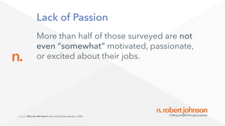 n.robertjohnsonUnitingpeoplethroughpurpose.
n.
Lack of Passion
Source: Why Are We Here?; Harvard Business Review; 2020
More than half of those surveyed are not
even “somewhat” motivated, passionate,
or excited about their jobs.
 