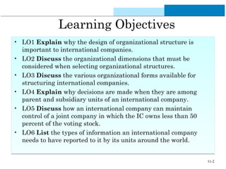 11-2
Learning Objectives
• LO1 Explain why the design of organizational structure is
important to international companies.
• LO2 Discuss the organizational dimensions that must be
considered when selecting organizational structures.
• LO3 Discuss the various organizational forms available for
structuring international companies.
• LO4 Explain why decisions are made when they are among
parent and subsidiary units of an international company.
• LO5 Discuss how an international company can maintain
control of a joint company in which the IC owns less than 50
percent of the voting stock.
• LO6 List the types of information an international company
needs to have reported to it by its units around the world.
• LO1 Explain why the design of organizational structure is
important to international companies.
• LO2 Discuss the organizational dimensions that must be
considered when selecting organizational structures.
• LO3 Discuss the various organizational forms available for
structuring international companies.
• LO4 Explain why decisions are made when they are among
parent and subsidiary units of an international company.
• LO5 Discuss how an international company can maintain
control of a joint company in which the IC owns less than 50
percent of the voting stock.
• LO6 List the types of information an international company
needs to have reported to it by its units around the world.
 