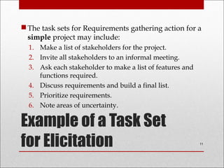 Example of a Task Set
for Elicitation
The task sets for Requirements gathering action for a
simple project may include:
1. Make a list of stakeholders for the project.
2. Invite all stakeholders to an informal meeting.
3. Ask each stakeholder to make a list of features and
functions required.
4. Discuss requirements and build a final list.
5. Prioritize requirements.
6. Note areas of uncertainty.
11
 