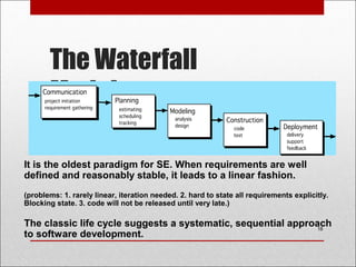 The Waterfall
Model
18
It is the oldest paradigm for SE. When requirements are well
defined and reasonably stable, it leads to a linear fashion.
(problems: 1. rarely linear, iteration needed. 2. hard to state all requirements explicitly.
Blocking state. 3. code will not be released until very late.)
The classic life cycle suggests a systematic, sequential approach
to software development.
 