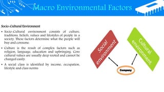 Macro Environmental Factors
Socio-Cultural Environment
• Socio-Cultural environment consists of culture,
traditions, beliefs, values and lifestyles of people in a
society. These factors determine what the people will
buy and consume.
• Culture is the result of complex factors such as
religion, language, education and upbringing. Core
cultural values are usually deep rooted and cannot be
changed easily.
• A social class is identified by income, occupation,
lifestyle and class norms
 