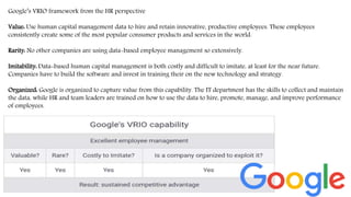 Google’s VRIO framework from the HR perspective
Value: Use human capital management data to hire and retain innovative, productive employees. These employees
consistently create some of the most popular consumer products and services in the world.
Rarity: No other companies are using data-based employee management so extensively.
Imitability: Data-based human capital management is both costly and difficult to imitate, at least for the near future.
Companies have to build the software and invest in training their on the new technology and strategy.
Organized: Google is organized to capture value from this capability. The IT department has the skills to collect and maintain
the data, while HR and team leaders are trained on how to use the data to hire, promote, manage, and improve performance
of employees.
 