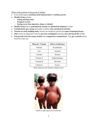 3
Effects of the nutrition on the growth of children
 Every child requires nutritious food (balanced diet) for healthy growth.
 Healthy living includes:
- Eating nutritious food
- Frequent exercise
- Staying away from cigarettes, drugs and alcohol
 Healthy living leads to good physical, mental and spiritual development in child.
 Carbohydrates give energy and enable a child to carry out physical activities.
 Proteins are body-building foods. Proteins are needed for growth and repair of damaged tissues.
 Fibre cannot be digested by body but prevents constipation and helps move the bowels 肠 of child.
 Fats provide twice the energy needed when compared to carbohydrates. They give warmth and are
stored for future use.
Minerals / Vitamin Effects of deficiency
Proteins Kwashiorkor
Iron Anaemia
Calcium Rickets
Vitamin A Night-blindness
Vitamin B Beri-beri
Vitamin C Scurvy
Main minerals and vitamins children need
Children suffering from kwashiorkor
 