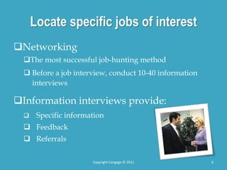 Locate specific jobs of interest
Networking
The most successful job-hunting method
 Before a job interview, conduct 10-40 information
interviews
Information interviews provide:
 Specific information
 Feedback
 Referrals
6
Copyright Cengage © 2011
 