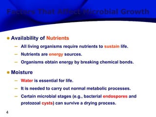 Factors That Affect Microbial Growth

• Availability of Nutrients
–
–
–

All living organisms require nutrients to sustain life.
Nutrients are energy sources.
Organisms obtain energy by breaking chemical bonds.

• Moisture
–
–
–

Water is essential for life.
It is needed to carry out normal metabolic processes.
Certain microbial stages (e.g., bacterial endospores and
protozoal cysts) can survive a drying process.

4

 