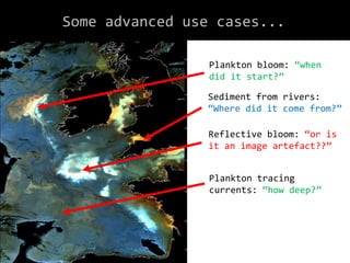 Plankton bloom: “when
did it start?”
Sediment from rivers:
“Where did it come from?”
Reflective bloom: “or is
it an image artefact??”
Plankton tracing
currents: “how deep?”
Some advanced use cases...
 