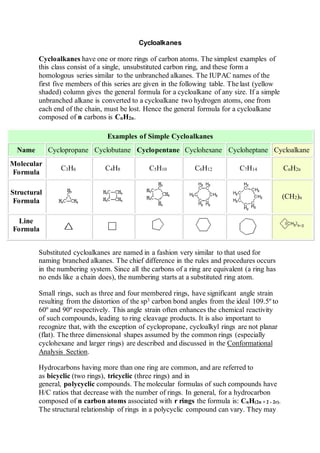 Cycloalkanes
Cycloalkanes have one or more rings of carbon atoms. The simplest examples of
this class consist of a single, unsubstituted carbon ring, and these form a
homologous series similar to the unbranched alkanes. The IUPAC names of the
first five members of this series are given in the following table. The last (yellow
shaded) column gives the general formula for a cycloalkane of any size. If a simple
unbranched alkane is converted to a cycloalkane two hydrogen atoms, one from
each end of the chain, must be lost. Hence the general formula for a cycloalkane
composed of n carbons is CnH2n.
Examples of Simple Cycloalkanes
Name Cyclopropane Cyclobutane Cyclopentane Cyclohexane Cycloheptane Cycloalkane
Molecular
Formula
C3H6 C4H8 C5H10 C6H12 C7H14 CnH2n
Structural
Formula
(CH2)n
Line
Formula
Substituted cycloalkanes are named in a fashion very similar to that used for
naming branched alkanes. The chief difference in the rules and procedures occurs
in the numbering system. Since all the carbons of a ring are equivalent (a ring has
no ends like a chain does), the numbering starts at a substituted ring atom.
Small rings, such as three and four membered rings, have significant angle strain
resulting from the distortion of the sp3 carbon bond angles from the ideal 109.5º to
60º and 90º respectively. This angle strain often enhances the chemical reactivity
of such compounds, leading to ring cleavage products. It is also important to
recognize that, with the exception of cyclopropane, cycloalkyl rings are not planar
(flat). The three dimensional shapes assumed by the common rings (especially
cyclohexane and larger rings) are described and discussed in the Conformational
Analysis Section.
Hydrocarbons having more than one ring are common, and are referred to
as bicyclic (two rings), tricyclic (three rings) and in
general, polycyclic compounds. The molecular formulas of such compounds have
H/C ratios that decrease with the number of rings. In general, for a hydrocarbon
composed of n carbon atoms associated with r rings the formula is: CnH(2n + 2 - 2r).
The structural relationship of rings in a polycyclic compound can vary. They may
 