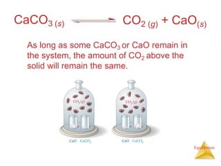 As long as some CaCO3 or CaO remain in
the system, the amount of CO2 above the
solid will remain the same.
CaCO3 (s) CO2 (g) + CaO(s)
Equilibrium
 