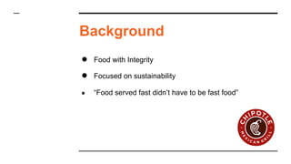 Background
●  Food with Integrity
●  Focused on sustainability
●  “Food served fast didn’t have to be fast food”
 