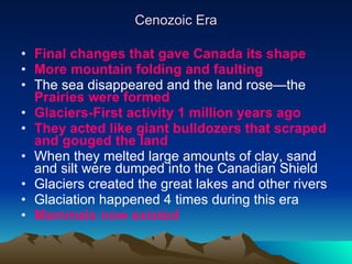 Cenozoic Era Final changes that gave Canada its shape More mountain folding and faulting The sea disappeared and the land rose—the  Prairies were formed Glaciers-First activity 1 million years ago They acted like giant bulldozers that scraped and gouged the land When they melted large amounts of clay, sand and silt were dumped into the Canadian Shield Glaciers created the great lakes and other rivers Glaciation happened 4 times during this era Mammals now existed 