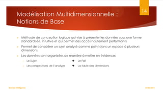 Modélisation Multidimensionnelle :
Notions de Base

14



Méthode de conception logique qui vise à présenter les données sous une forme
standardisée, intuitive et qui permet des accès hautement performants



Permet de considérer un sujet analysé comme point dans un espace à plusieurs
dimensions



Les données sont organisées de manière à mettre en évidence:
o

Le Sujet



Le Fait

o

Les perspectives de l’analyse



La table des dimensions

Business Intelligence

27/02/2014

 