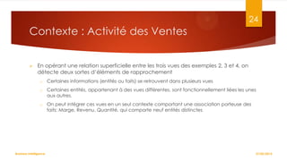 24

Contexte : Activité des Ventes


En opérant une relation superficielle entre les trois vues des exemples 2, 3 et 4, on
détecte deux sortes d’éléments de rapprochement
o

Certaines informations (entités ou faits) se retrouvent dans plusieurs vues

o

Certaines entités, appartenant à des vues différentes, sont fonctionnellement liées les unes
aux autres.

o

On peut intégrer ces vues en un seul contexte comportant une association porteuse des
faits: Marge, Revenu, Quantité, qui comporte neuf entités distinctes

Business Intelligence

27/02/2014

 