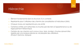 26

Hiérarchie


Élément fondamental dans la structure d’un contexte



Représente pour l’utilisateur des chemins de consolidation d’indicateurs (faits)



Chaque niveau est représenté par une entité



Certaines entités sont rattachées à d’autres par des liens d’appartenance ou de
regroupement hiérarchique



Certains de ces chemins sont connus (Jour, Mois, Année), d’autres doivent être
repérés par une analyse précise du vocabulaire des utilisateurs
(Produit, Gamme, Marque)

Business Intelligence

27/02/2014

 