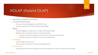 64

HOLAP (Hybrid OLAP)


Association du ROLAP et du MOLAP



Concept de Drill-Through
o
o



Accès aux données agrégées avec MOLAP (Cube)
Accès aux détails avec le ROLAP (tables relationnelles)

Étapes :
o

Données agrégées stockées dans une table multi-dimentionnelle

o

Restitution de ces données à partir d’un outil de reporting





Affichage des données agrégées extraites à partir des tables multi-dimentionnelles
Affichage des détails des opérations issus des bases relationnelles

Avantages
o
o



Temps de réponse assez court
Moins coûteux que MOLAP car moins de développement

Inconvénients
o

Business Intelligence

Ne pourra pas être utilisé si les rapports sont trop complexes et font trop de croisements de données
27/02/2014

 