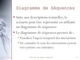 Diagramme de Séquences
 Suite aux descriptions textuelles,
le scénario peut être représenté
en utilisant un diagramme de
séquences
 Le diagramme de séquences
permet de :

27/02/2014

Visualiser l'aspect temporel des
interactions
Atelier de le Logiciel
De connaîtreGénie sens des

13

 