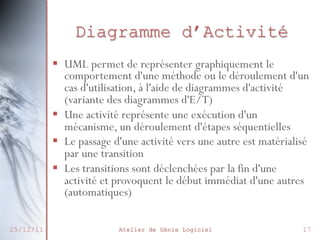 Diagramme d’Activité
 UML permet de représenter graphiquement
le comportement d'une méthode ou le
déroulement d'un cas d'utilisation, à l'aide
de diagrammes d'activité (variante des
diagrammes d'E/T)
 Une activité représente une exécution d'un
mécanisme, un déroulement d'étapes
séquentielles
 Le passage d'une activité vers une autre est
matérialisé par une transition
 Les transitions sont déclenchées par la fin
d'une activité et provoquent le début
immédiat d'une autres (automatiques)
27/02/2014

Atelier de Génie Logiciel

17

 