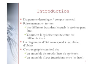 Introduction
§  Diagramme dynamique / comportemental
§  Raisonnement en termes:
ü des différents états dans lesquels le système peut
être;
ü Comment le système transite entre ces
différents états.
§  Un diagramme d’état correspond à une classe
d’objets
§  C’est un graphe composé de:
ü un ensemble de nœuds (états du système);
ü un ensemble d’arcs (transitions entre les états).
2

 