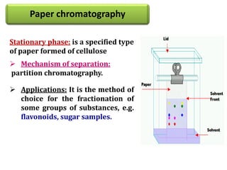 Paper chromatography
Stationary phase: is a specified type
of paper formed of cellulose
 Mechanism of separation:
partition chromatography.
 Applications: It is the method of
choice for the fractionation of
some groups of substances, e.g.
flavonoids, sugar samples.
 