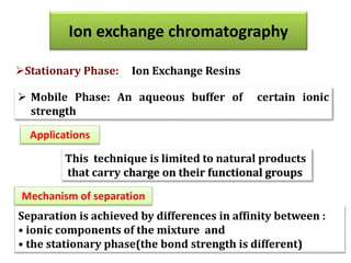 This technique is limited to natural products
that carry charge on their functional groups
Separation is achieved by differences in affinity between :
• ionic components of the mixture and
• the stationary phase(the bond strength is different)
Ion exchange chromatography
Mechanism of separation
Applications
Stationary Phase: Ion Exchange Resins
 Mobile Phase: An aqueous buffer of certain ionic
strength
 