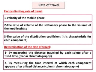 1-Velocity of the mobile phase
2-The ratio of volume of the stationary phase to the volume of
the mobile phase
3-The value of the distribution coefficient (it is characteristic for
each component)
Rate of travel
Factors limiting rate of travel:
Determination of the rate of travel:
1- By measuring the distance travelled by each solute after a
fixed time (planar chromatography)
2- By measuring the time interval at which each component
appears after a fixed distance (column chromatography)
 