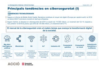 La ciberseguretat a Catalunya | Informe tecnològic Octubre 2019 | 20
Principals tendències en ciberseguretat (I)
Segons Gartner, la despesa en ciberseguretat del 2018 va assolir els 114.000 milions, un increment del 12,4 % respecte a
l’any anterior i el 2019 es preveu que arribi als 124.000 milions, un creixement del 8,7 %.
Segons un informe de Mobile World Capital, Barcelona constitueix el cinquè hub digital d’Europa per capital invertit i el 2018
va rebre el 66,4 % de tota la inversió en start-ups a Espanya.
El mercat de la ciberseguretat creix al mateix temps que avança la transformació digital
de la societat.
Big data i
intel·ligència
artificial
Blockchain 5G IoT Indústria 4.0
Computació
quàntica
Computació
en núvol
Autenticació
biomètrica o
multifactor
TENDÈNCIES TECNOLÒGIQUES
Potencia la
capacitat de
prevenció i detecció
d'Advanced
Persistent Threats
(APT)
Aporta integritat de
les dades i alta
disponibilitat
Possibilita la
connectivitat segura
d’un alt nombre de
dispositius i
comunicacions
crítiques
Implica la proliferació
de dispositius de
menor capacitat
computacional que
cal protegir
Comporta la irrupció
dels ciberriscos al
sector industrial
En pocs anys,
permetrà desxifrar
part dels algoritmes
de xifratge actuals
Suposa delegar la
seguretat de dades
i sistemes propis al
núvol
Assegura l’accés a
dispositius, serveis i
zones restringides
 