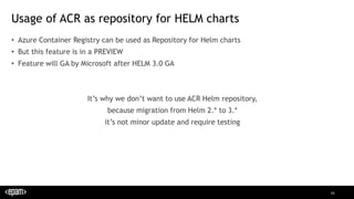 88
Usage of ACR as repository for HELM charts
• Azure Container Registry can be used as Repository for Helm charts
• But this feature is in a PREVIEW
• Feature will GA by Microsoft after HELM 3.0 GA
It’s why we don’t want to use ACR Helm repository,
because migration from Helm 2.* to 3.*
it’s not minor update and require testing
 
